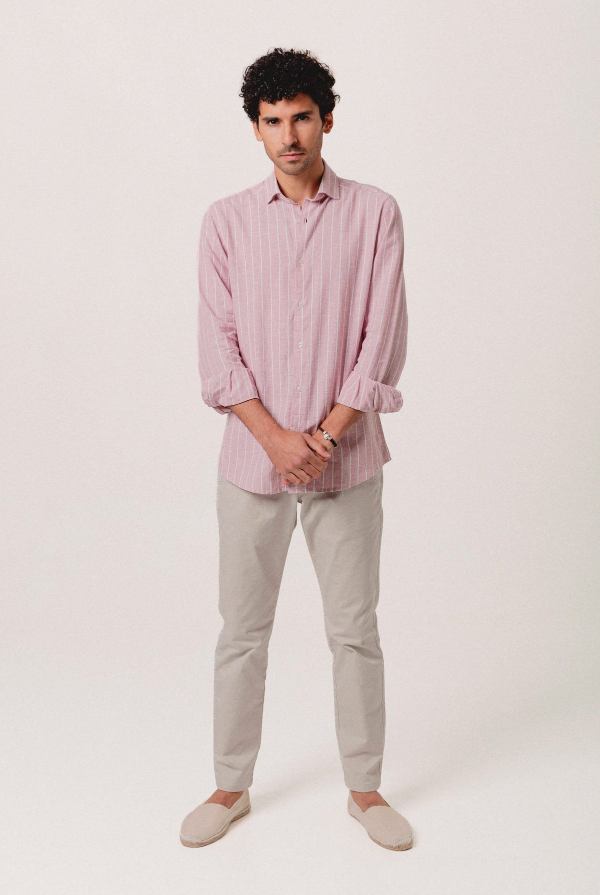 Camisa Lino Eros Raya Blanca y Rosa - Sohhan