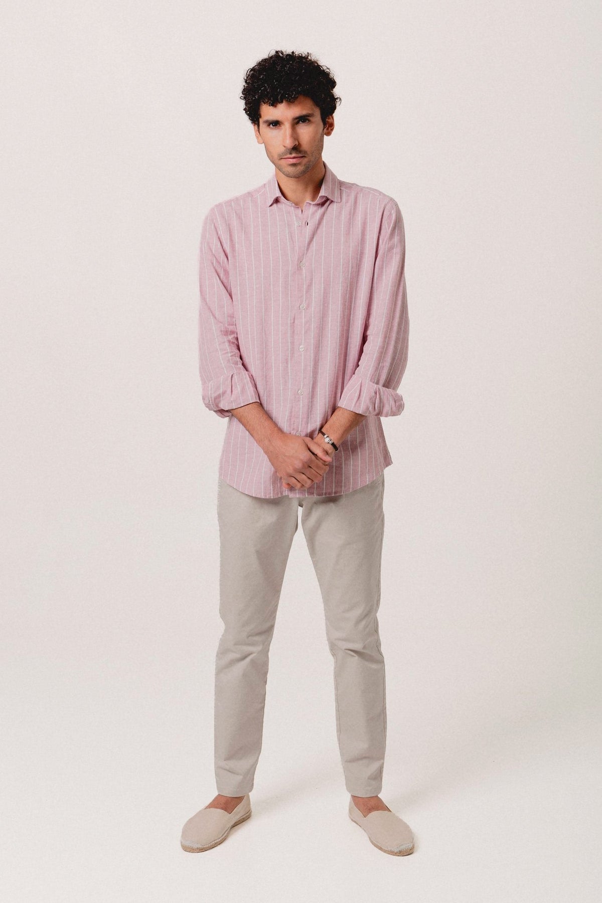 Camisa Lino Eros Raya Blanca y Rosa - Sohhan