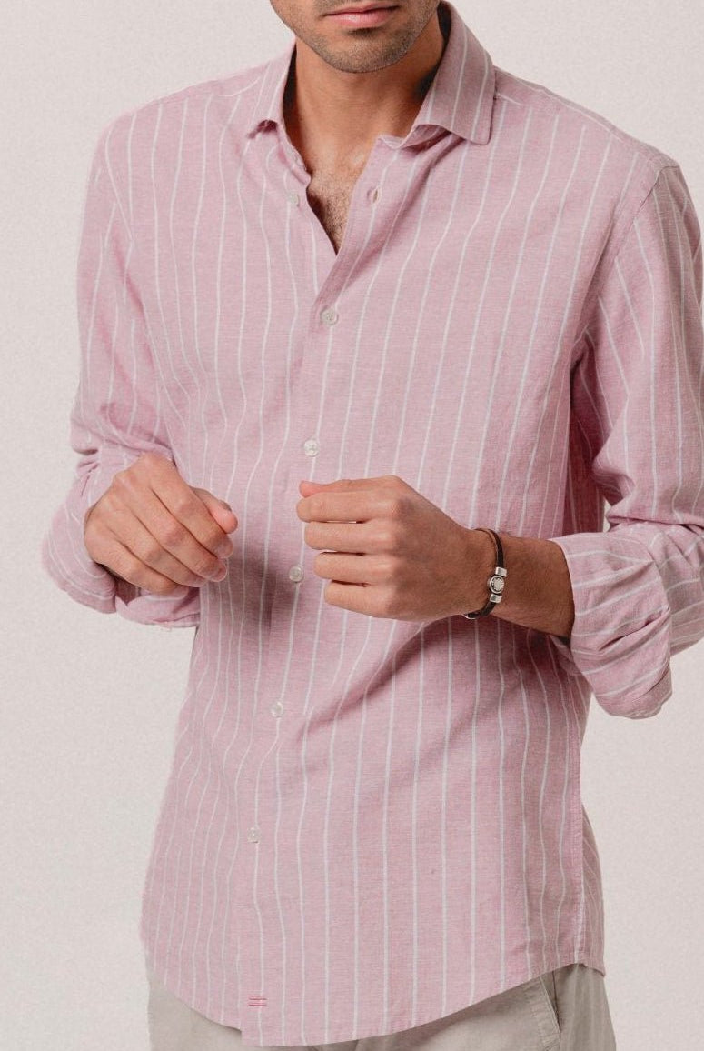 Camisa Lino Eros Raya Blanca y Rosa - Sohhan