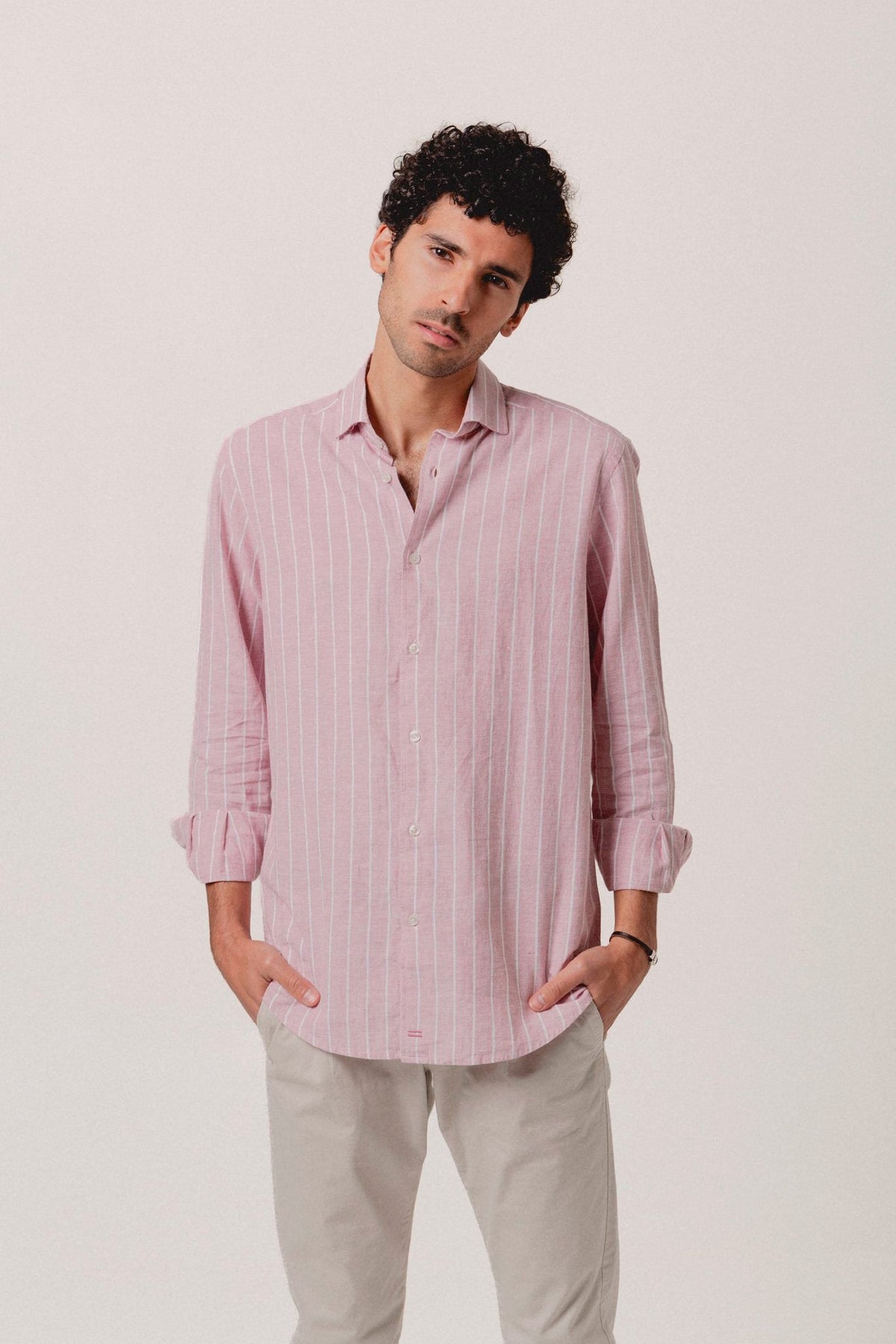 Camisa Lino Eros Raya Blanca y Rosa - Sohhan