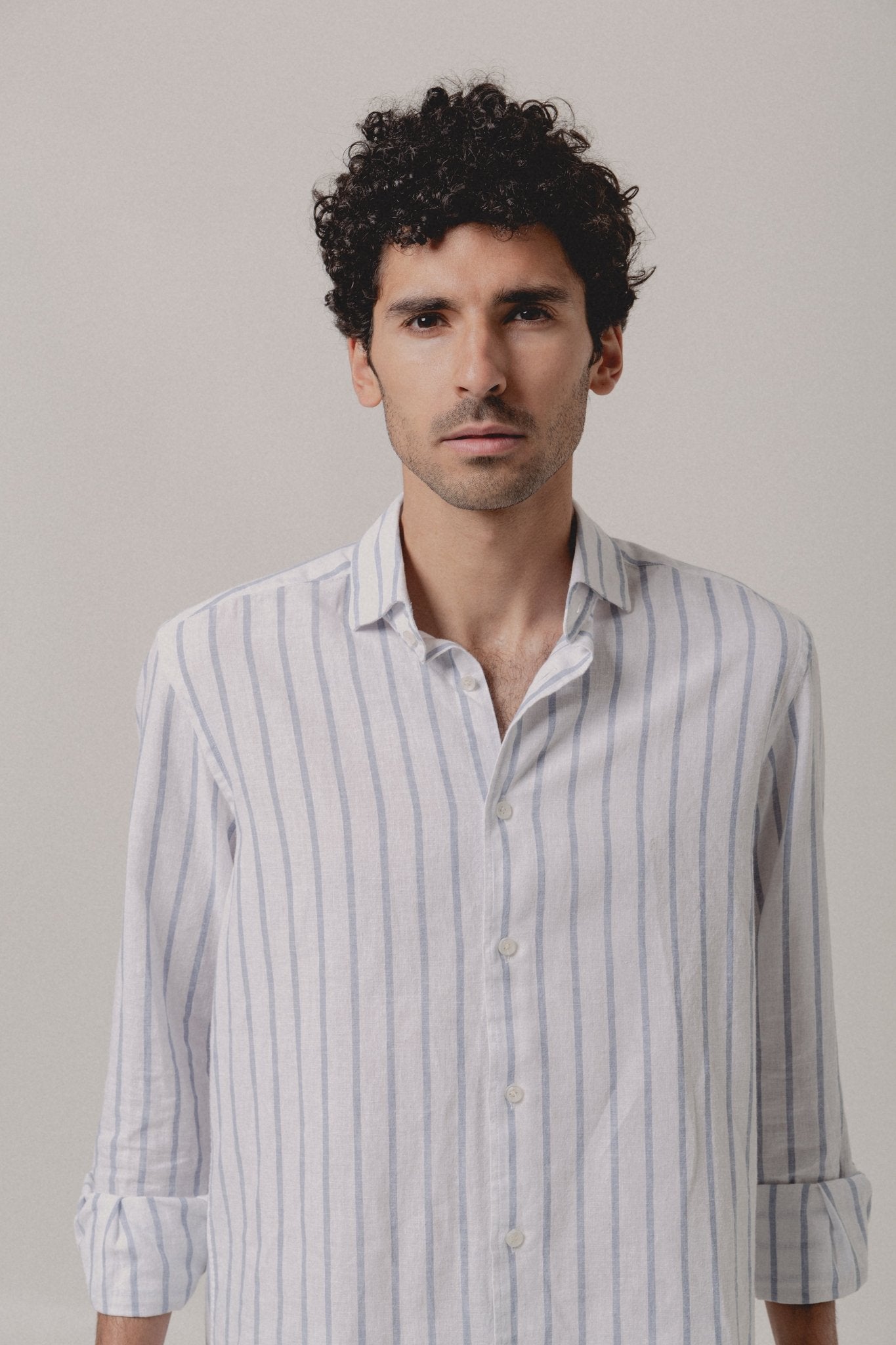 Camisa Lino Mykonos Raya Azul y Blanca - Sohhan