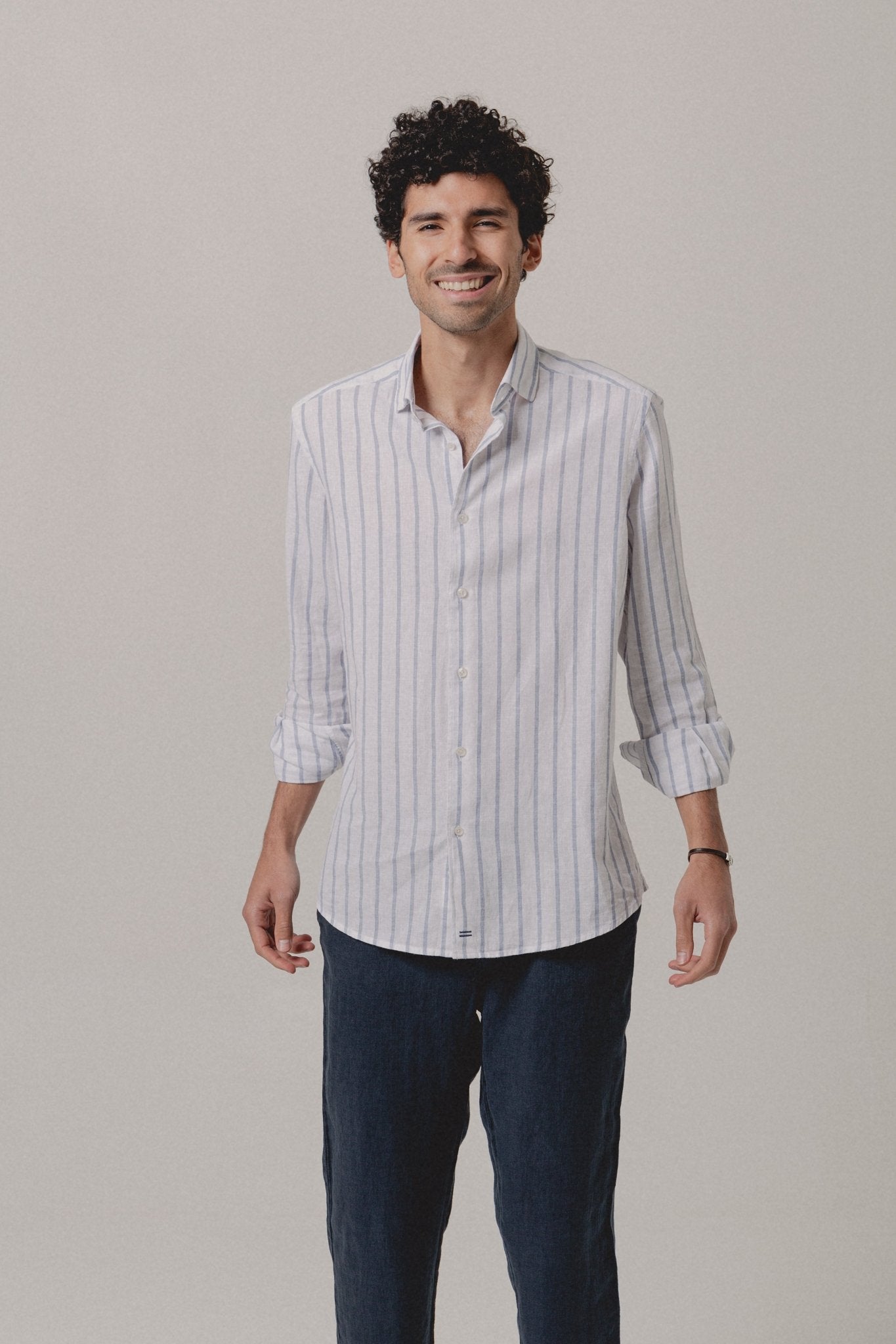 Camisa Lino Mykonos Raya Azul y Blanca - Sohhan