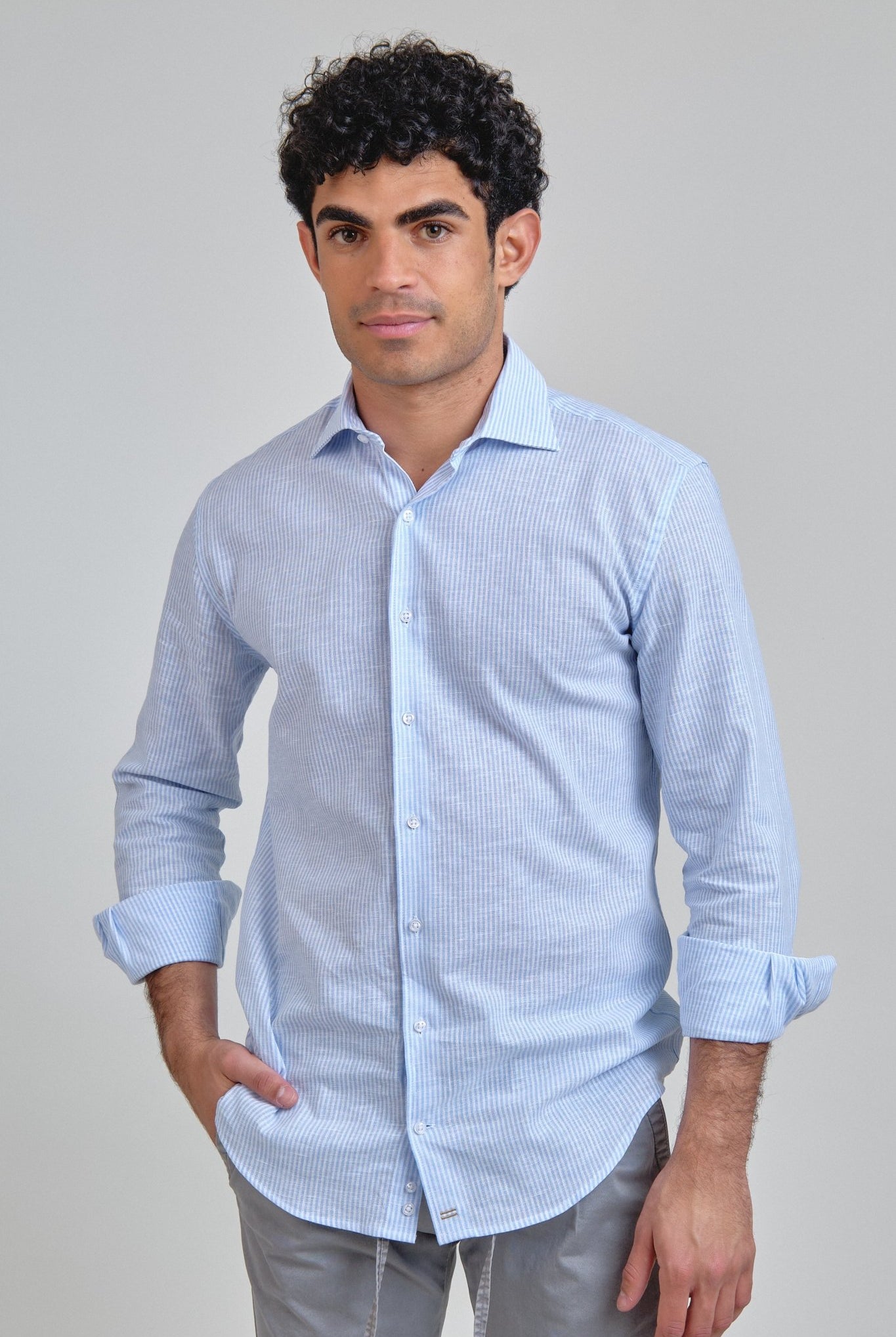 Camisa Manarola Lino Rayas Azul - Sohhan