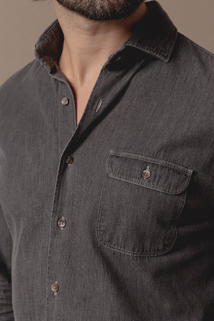 Camisa Vaquera Rock Un Bolsillo Gris Oscuro - Sohhan