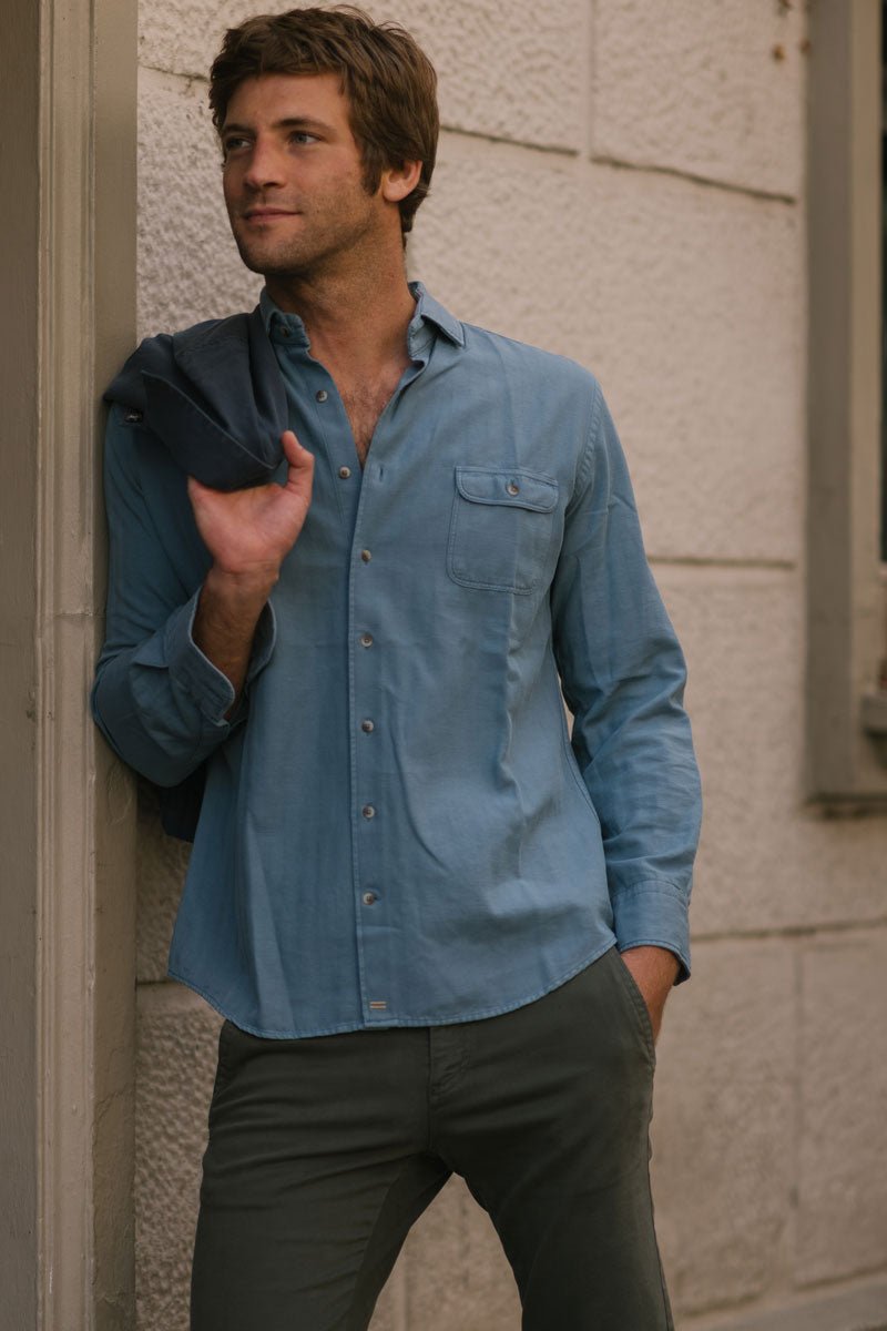 Camisa Un Bolsillo Espiga Azul Formentera - Sohhan
