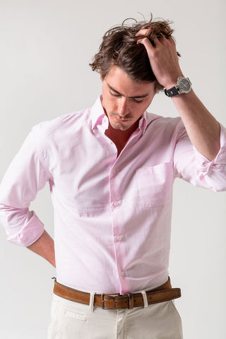 Sport Oxford Shirt Pink Stripe Pocket - Sohhan