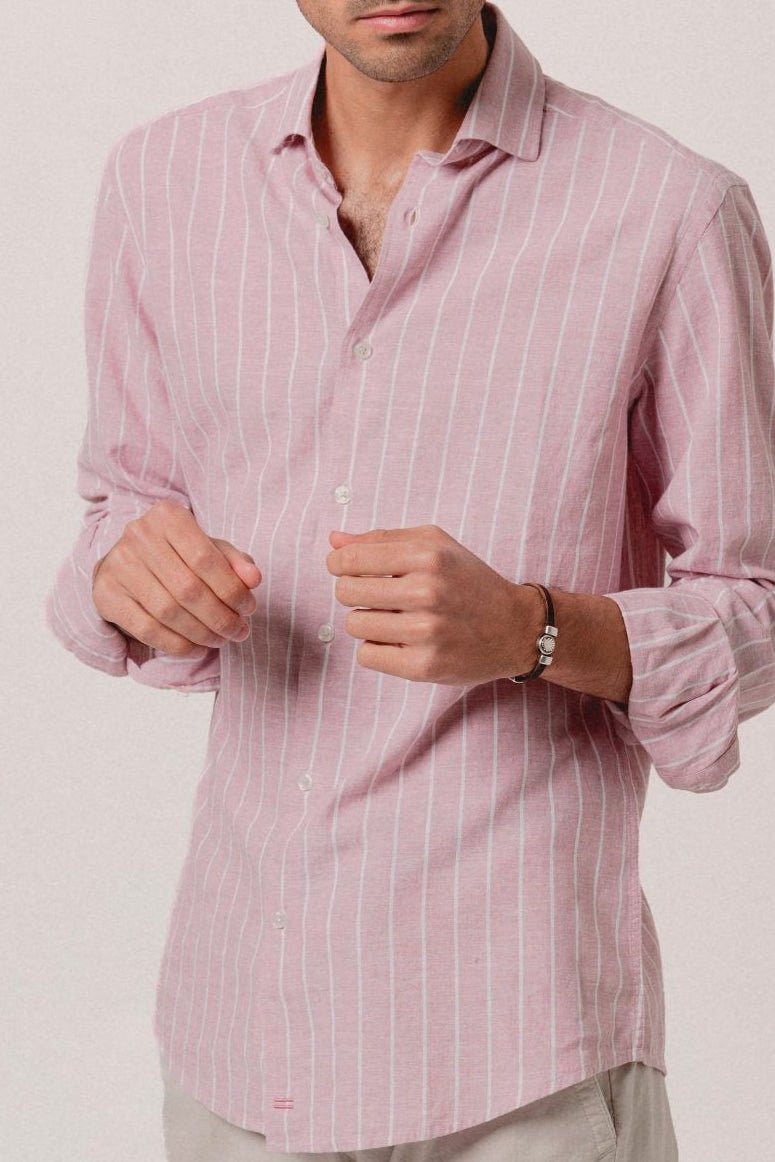 Camisa Lino Eros Raya Blanca y Rosa - Sohhan